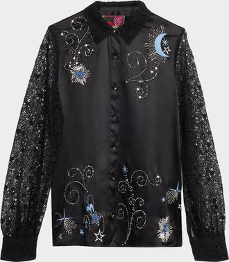 Johnny Was Vanti Beaded Lace-Sleeve Blouse