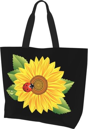 AOOEDM Ladybug And Sunflower Ladies Canvas Tote Reusable Shopping Bag