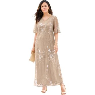 Roaman's Plus-Size Flutter Sleeve Allover Embroidered Gown in Beige at Nordstrom, Size 44