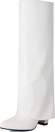 Generic Womens Chunky High Heel Long Boots Pointed Toe Knee High Boots PU Leather Retro Tall Boot with Side Zipper,White,6.5 UK
