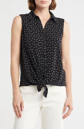 Adrianna Papell Tie Hem Button-Up Shirt in Black Small Daisy at Nordstrom Rack