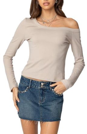 Edikted Adelaine Asymmetric One-Shoulder Long Sleeve Top in Beige at Nordstrom, Size Medium