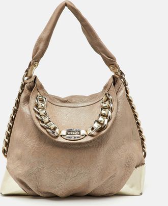 Versace Metallic Beige/gold Leather Chain Link Flap Hobo