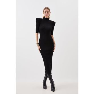 Karen Millen Rib Knit Power Shoulder Maxi Dress in Black at Nordstrom, Size X-Small