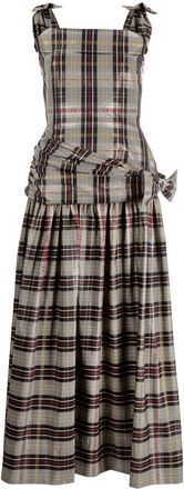 MOLLY GODDARD bow-detail tartan check maxi dress - women - Polyester/Lurex/Cotton - 10 - Grey