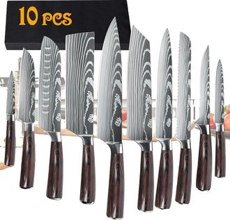 OEM Juego De 8 Cuchillos De Cocina, Acero Inoxidable De Alto Contenido De Carbono Ultra Afilado, Mango Ergon&oacute;mico De Madera, Hojas Resistentes A La Corros