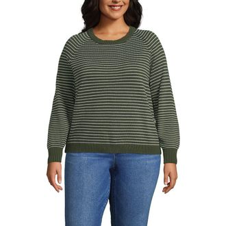 Lands End Plus Size Drifter Raglan Pointelle Crew Neck Sweater in Green/pale Sky Mini Stripe at Nordstrom, Size 3X
