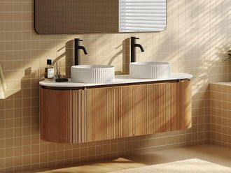 Vente-Unique Mobile bagno sospeso scanalato con doppio lavabo da appoggio rotondo scanalato Naturale chiaro L150 cm - LILIKO