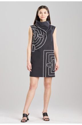 Natori Tech Cotton Taffeta Funnel Shift Dress w/ Embroidery in Black at Nordstrom, Size 12