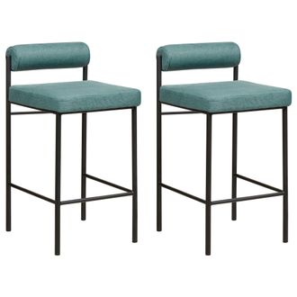 Beliani Conjunto De 2 Sillas De Bar Modernas Taburetes Respaldo Tapizado Poli&eacute;ster Sin Reposabrazos Patas Negras Verde Azulado Amaya