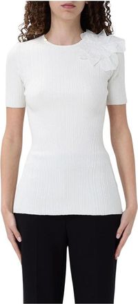 Elisabetta Franchi T-Shirts, female, White, Size: M Floral Ribbed Knit Top