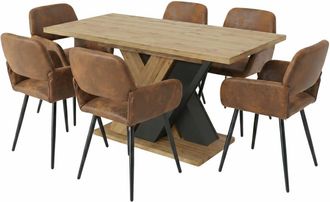 Urban Meuble Conjunto de mesa de comedor extensible y 6 sillas efecto piel marr&oacute;n