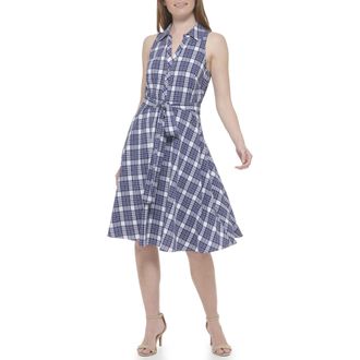 Tommy Hilfiger Womens Sleeveless Knee-Length Fit and Flare Novelty Dress, Marina Blue/Ivory, 14