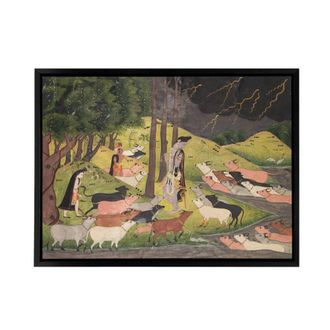 Artery8 Krishna Summoning Cows 18th Century India Framed Canvas Wall Art Print | Size: W24 x H32