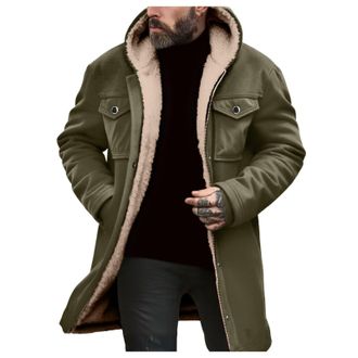 Generic Hooded Long Jacket Mens Loose Fit Solid Color Winter Sherpa Warm Jackets Fleece Lined Insulated Coat Long Sleeved Chunky Padded Coats with Cargo Pocke