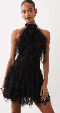 Lace & Beads Vestito corto a balze in tulle nero allacciato al collo con volant