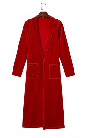 Nobrand Womens Velvet Elegant Open Front Pocket Long Cardigan In Red