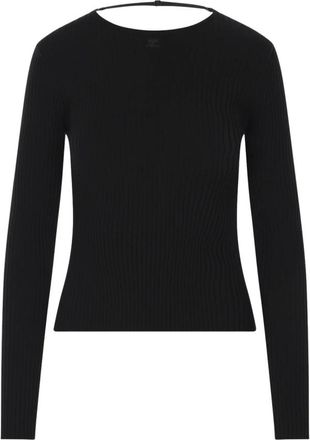 Courr&egrave;ges Geribbelde Trui met Logo Borduursel - Dames - Ronde hals truien - Zwart - XS - Katoen - Truien & Vesten