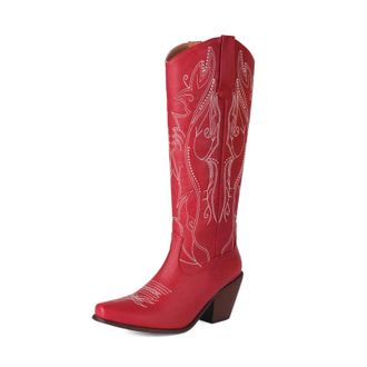 Generic Womens Western Knee-High Boots Pointed Toe Faux Leather Rhinestone Embroidery Wedge Heels Soft Lining Durable Non-Slip Stylish Elegant Design,Red,6.5 