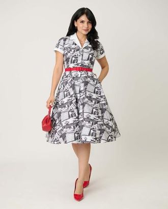 Unique Vintage Collared Short Sleeved Belted Alexis Swing Dress in Black & White Newspaper Print at Nordstrom, Size X-Large