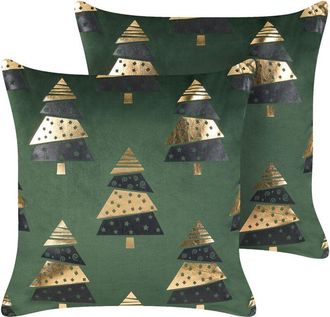 Beliani Beliani - Conjunto De 2 Cojines De Terciopelo &Aacute;rboles De Navidad De Estampado 45 X 45 Cm Con Relleno Fundas Extra&iacute;bles Verde Goldspruce