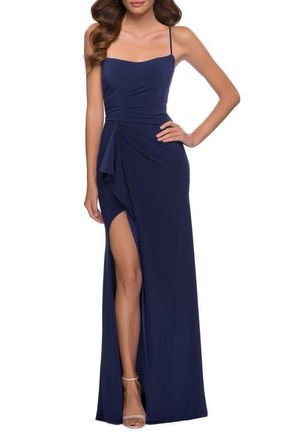 La Femme Modern Jersey Dress with Ruffle Detail on Skirt in Navy at Nordstrom, Size 00