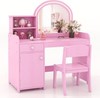 Costway Kids Vanity Table Chair Set Lighted Mirror Storage Drawer Cabinet