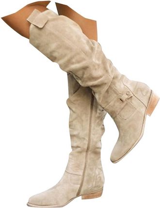 Generic Knee High Boots Wide Calf Boots Slouch Boot and Pull on Fall Weather Booties Flat Low Heel Mid Calf Boot with Side Zipper Round Toe Tall Calf Riding B