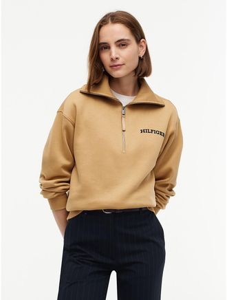 Tommy Hilfiger Womens Flocked Monotype Quarter-Zip Sweatshirt - Classic Khaki - XXL