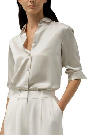LilySilk Spread Collar Silk Shirt in Pale-Gray at Nordstrom, Size X-Small