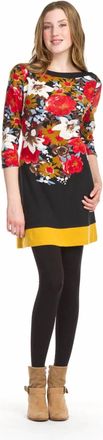 Papillon Floral 3/4 Sleeve Tunic Top Dress In Black