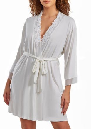 iCollection Modal Lace Robe with Mesh Sleeve Trims in White at Nordstrom, Size X-Large