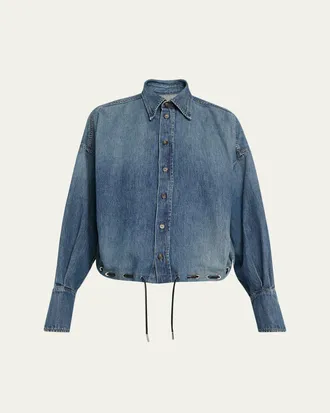 Brandon Maxwell Leland Denim Drawstring Bubble Shirt