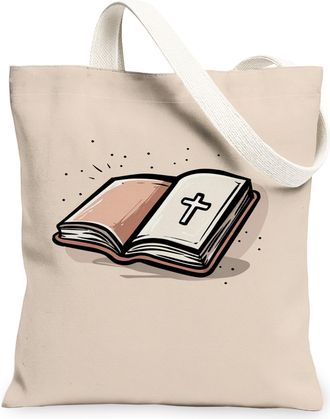 Generic Religious Book Canvas Tote Bags, Inspirational Quote Design Reusable Grocery Bags, Summer Vintage Lightweight Washable Shou, Beige, 13x15 Inch