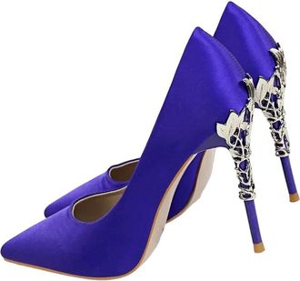 Generic Women Spring Sequin High Heel Pumps Pointed Toe Metal Detail Wedding Dress Shoes Blue