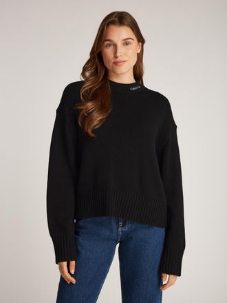 Calvin Klein Jeans Strickpullover CALVIN KLEIN JEANS LOGO EMBRO SWEATER, Damen, Gr. XS (34), schwarz (ck schwarz), Strick, Obermaterial: 90% Baumwolle, 10% Wolle, unifar