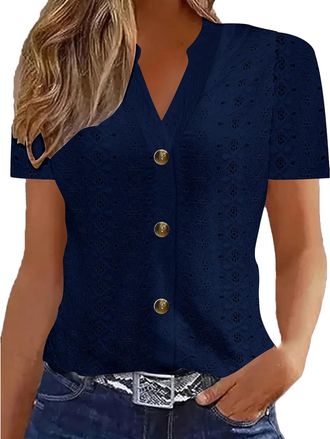 Generic Ladies Blouses, Vintage Floral Print Shirts Summer V Neck Short Sleeve Blouse Eyelet Embroidery T-Shirt Going Out Top for Women Causal Clothes Womens 