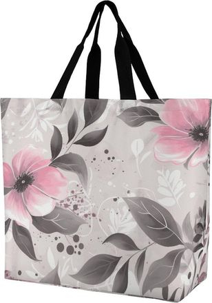 Generic Pink Flowers And Leaves On Gray Shoulder Bag Large Capacity Carry Bag Reusable Shoulder Bags For Daily Use College Casual