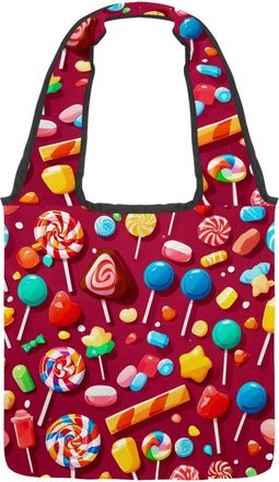 Generic Red Candy Pattern Reversible Canvas Shoulder Tote - Double-Sided Print, 12oz Cotton, 27cm Drop, Fold-Flat Bag for Travel, Shopping, Street Outings
