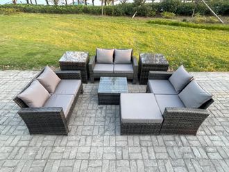 Fimous 7 PCS Outdoor Lounge Sofa Set Wicker PE Rattan Garden Furniture Set with Square Coffee Table Double Seat Sofa in Dark Grey