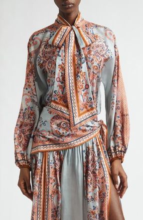 Zimmermann Aster Paisley Scarf Tie Silk Shirt in Blue Paisley Floral at Nordstrom, Size 3