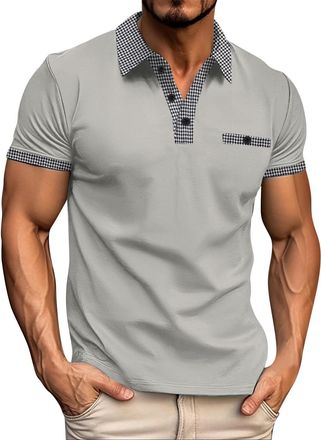Generic Mens Short Sleeve Polo Shirts with Pocket - Contrasting Colors Golf T-Shirt Tops - Lightweight Breathable Work Wear Shirts 3 Buttons - Polo Shirts for