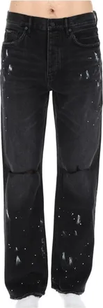 Purple Distressed Black Denim Straight-Leg Jeans