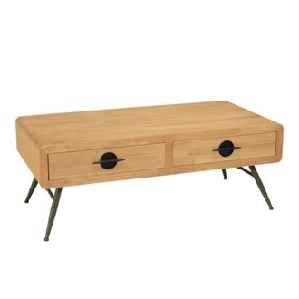 Macabane Mesa de centro 2 cajones de pino color natural con patas de metal verd