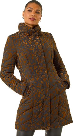 Roman Womens Animal Flock Detail Padded Coat - Brown - Size 10 UK