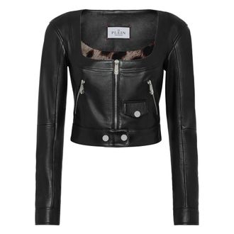Philipp Plein Vintage Leren Cropped Jas - Dames - Leren en Su&egrave;de Jassen - Zwart - M - Leer - Jassen