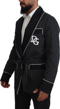 Dolce & Gabbana Black Robe Striped Dg Patch Jacket Men Blazer And White Polyester Silk Clothing