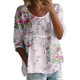 Generic Boho Tops for Women UK 3/4 Sleeve Floral Printed Casual Loose Tunic Tops Floaty Lightweight Summer T-Shirts Bohemian Elegant Comfort Cute Tees Plus Si