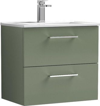 Nuie Nuie - Arno Satin Green 600mm Wall Hung 2 Drawer Vanity Unit and Minimalist Ceramic Basin - ARN824B