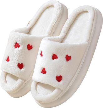 Generic Slippers Women Cozy Couples Footwear For Indoor Outdoor Warm Flat Shoes With Heart Design For Winter Valentines Day Cozy House Slippers For Women(Whit